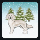 English Cream Golden Retriever Dog Blue Christmas Quadratischer Aufkleber<br><div class="desc">Desteis originelle Cartoon Illustration eines niedlichen englischen Cremes Golden Retriever Rasse Hund. Der Hund ist in einer Winterlandschaft mit drei grünen Tannenbäumen und fallendem Schnee untergebracht. Der Hintergrund ist ein blaues bis weißes Gefälle,  das das Design des kalten Wintertages verleiht.</div>