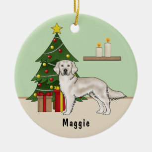 English Cream Golden Retriever mit Weihnachtsbaum Keramik Ornament