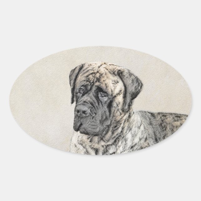 English Mastiff (Brindle) Malerei - Dog Art Ovaler Aufkleber (Vorderseite)