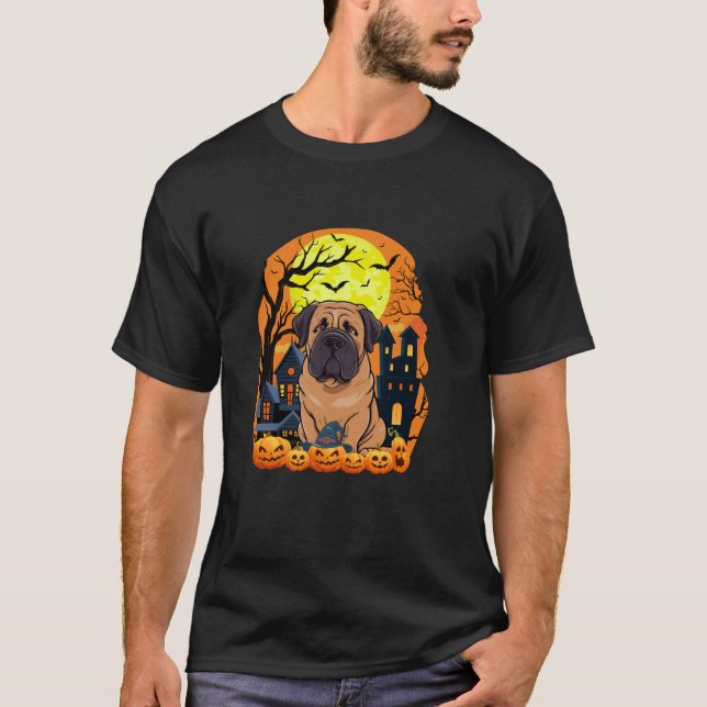 English Mastiff Dog with Pumpkin Funny Beängstigen T-Shirt (Vorderseite)