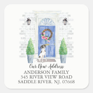 English Pointer Blue Door New Address Label Quadratischer Aufkleber