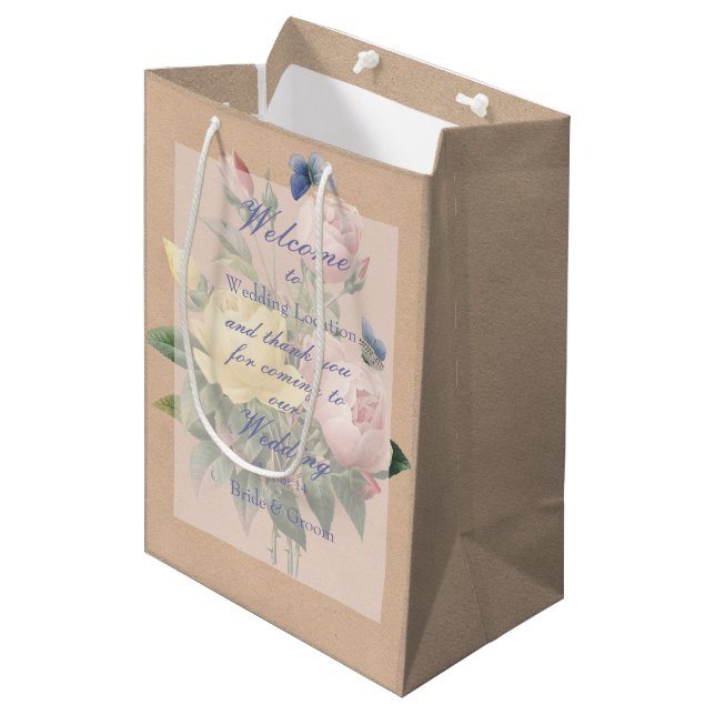 English Rose Butterfly Garden Wedding Mittlere Geschenktüte (Vorderseite Schrägansicht)
