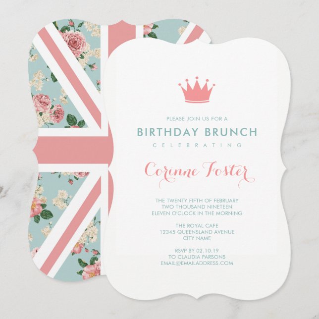 English Rose Union Jack Floral Birthday Einladung (Vorne/Hinten)