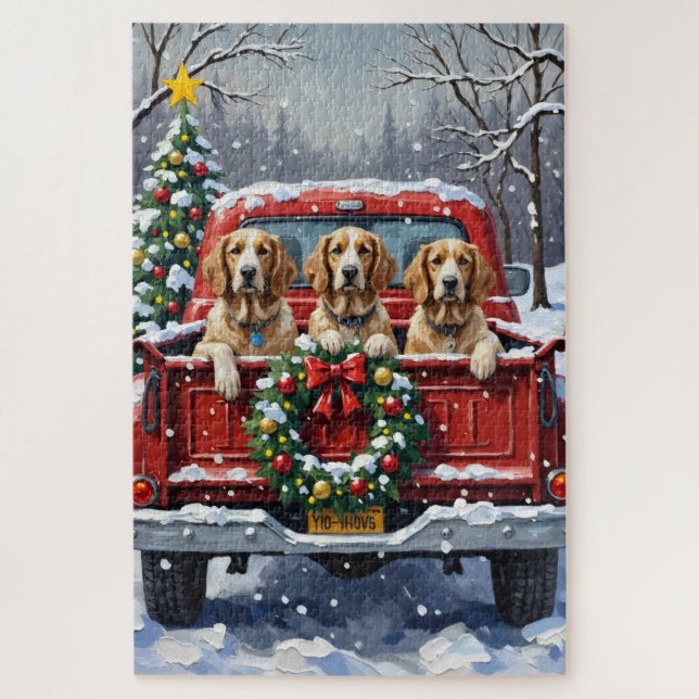 English Setter Christmas Red Truck Holiday (Vertikal)