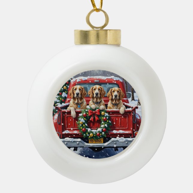English Setter Christmas Red Truck Holiday Keramik Kugel-Ornament (Vorderseite)
