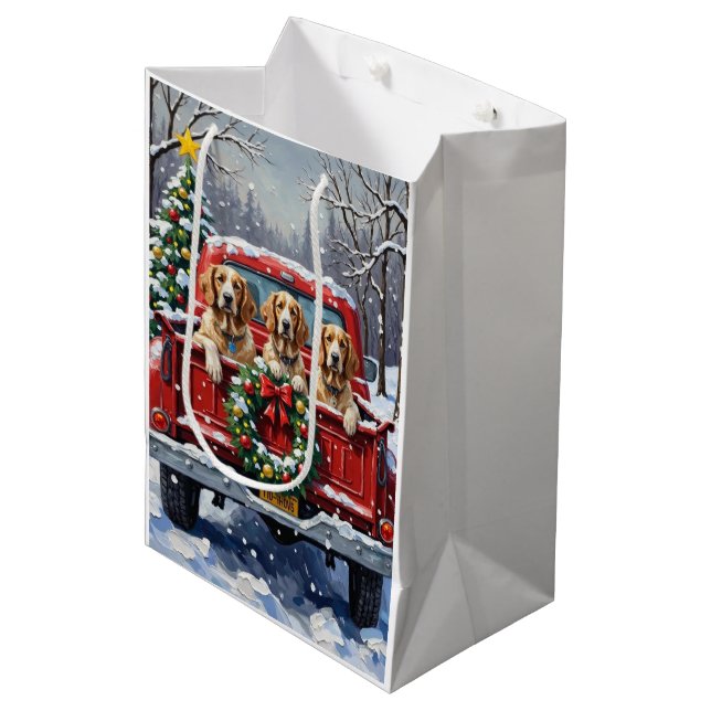 English Setter Christmas Red Truck Holiday Mittlere Geschenktüte (Vorderseite Schrägansicht)