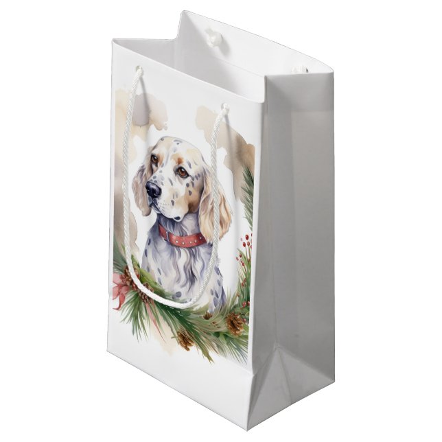 English Setter Christmas Wreath Festivals Kleine Geschenktüte (Vorderseite Schrägansicht)