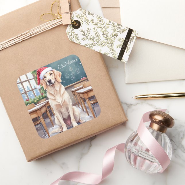 English Setter Cozy Classroom Teacher Santa Quadratischer Aufkleber (Schenken)