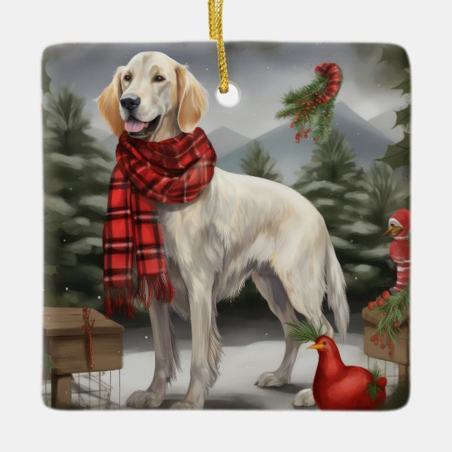 English Setter Dog in Schnee Weihnachten Keramikornament (Vorderseite)