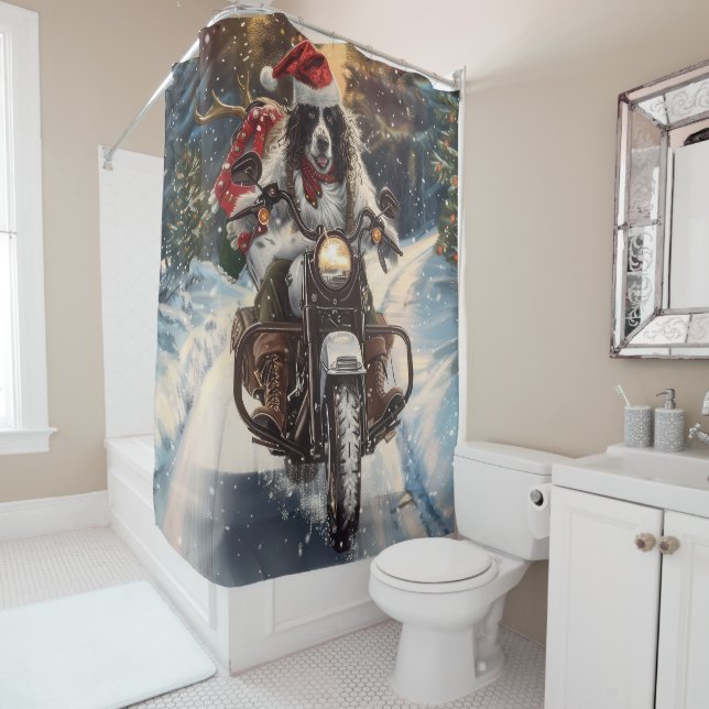 English Setter Dog Riding Motorrad Weihnachten Duschvorhang (Beispiel)