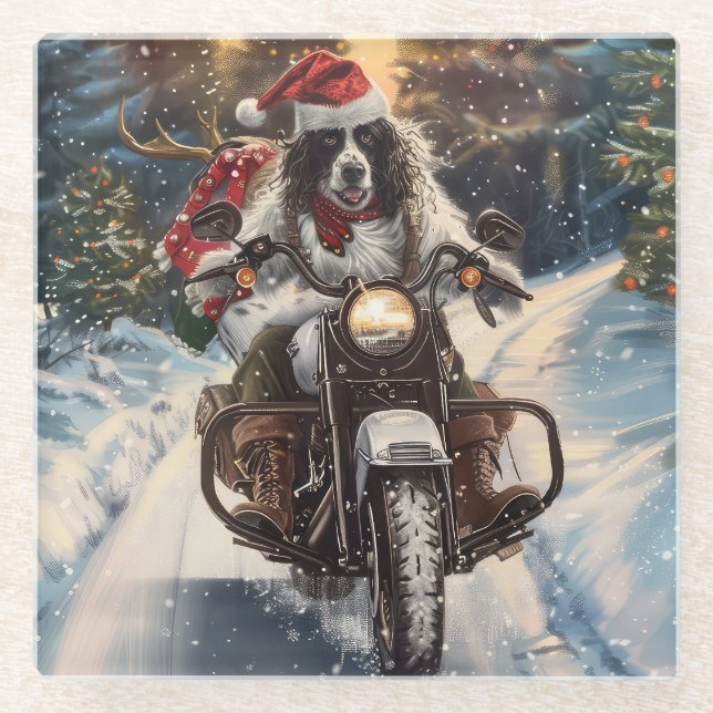 English Setter Dog Riding Motorrad Weihnachten Glasuntersetzer (Vorderseite)