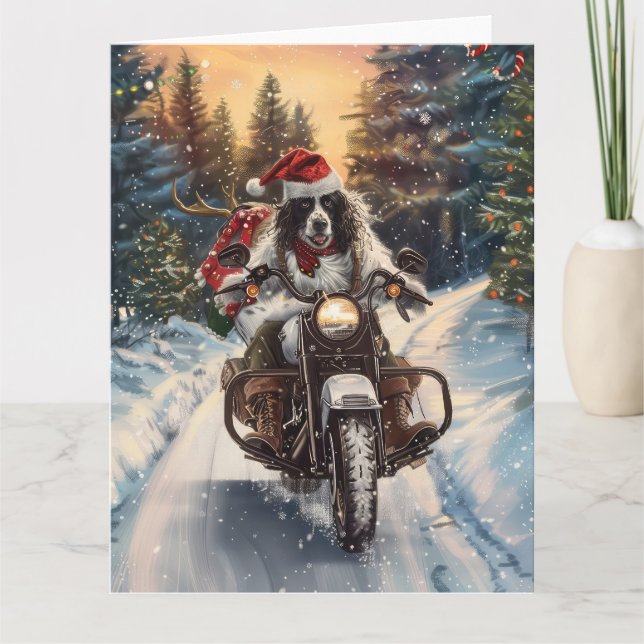 English Setter Dog Riding Motorrad Weihnachten Karte (Vorderseite)