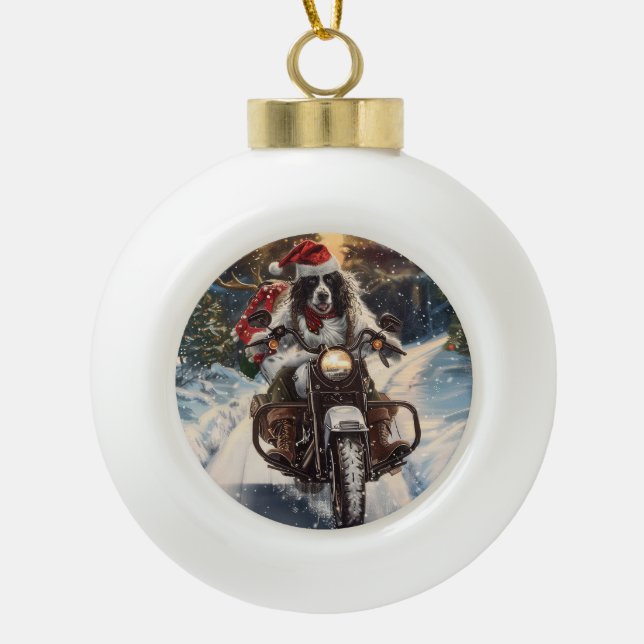 English Setter Dog Riding Motorrad Weihnachten Keramik Kugel-Ornament (Vorderseite)
