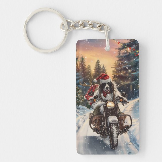 English Setter Dog Riding Motorrad Weihnachten Schlüsselanhänger (Vorderseite)