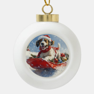 English Setter Hund im Schlitten Lass es schneien Keramik Kugel-Ornament