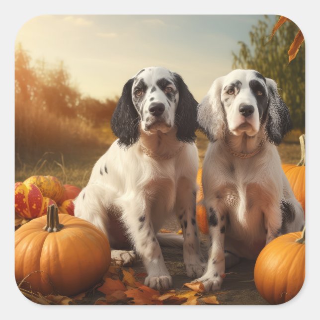 English Setter Puppy Autumn Delight Pumpkin Quadratischer Aufkleber (Vorderseite)