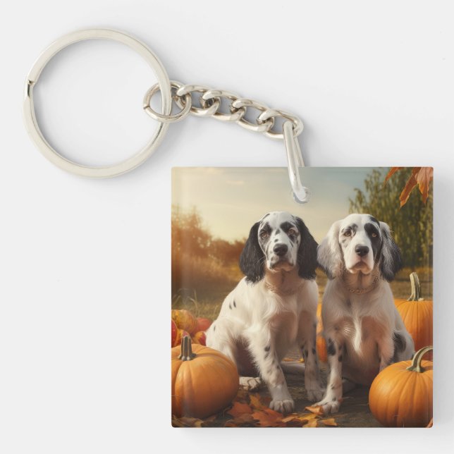 English Setter Puppy Autumn Delight Pumpkin Schlüsselanhänger (Vorderseite)