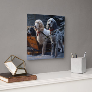 English Setter Schneeweißer Schlitten Weihnachtsde Quadratische Wanduhr
