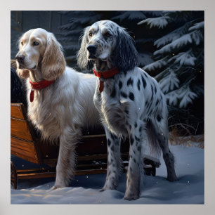 English Setter Snowy Sleigh Weihnachtsdekor Poster