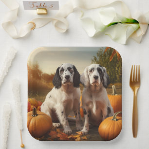English Setter Welpe Herbstfreude Kürbis  Pappteller