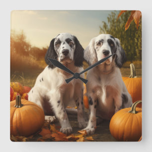 English Setter Welpe Herbstfreude Kürbis Quadratische Wanduhr