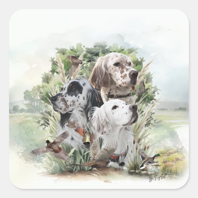 English Setters Quadratischer Aufkleber (Vorderseite)