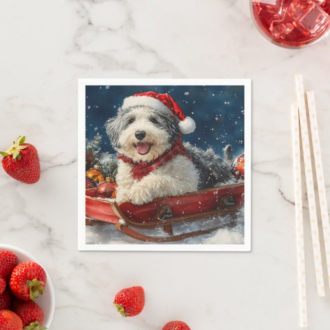 English Sheepdog in Sledge Let it Snow Christmas Serviette (Beispiel)