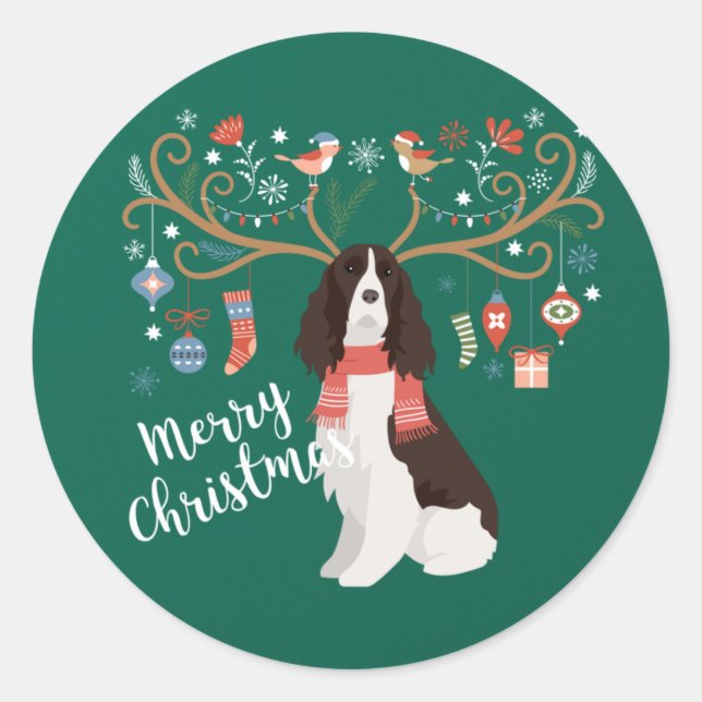 English Springer Spaniel Christmas Reindeer Dog Runder Aufkleber (Vorderseite)