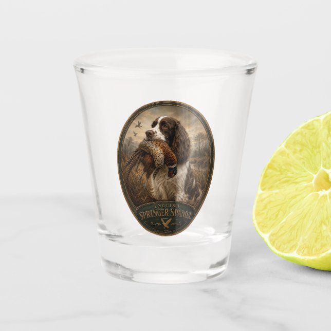 English Springer Spaniel mit Fasan    Schnapsglas (Vorderseite)