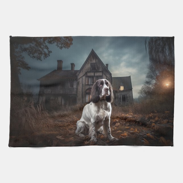 English Springer Spanier Halloween Beängstigend Geschirrtuch (Horizontal)