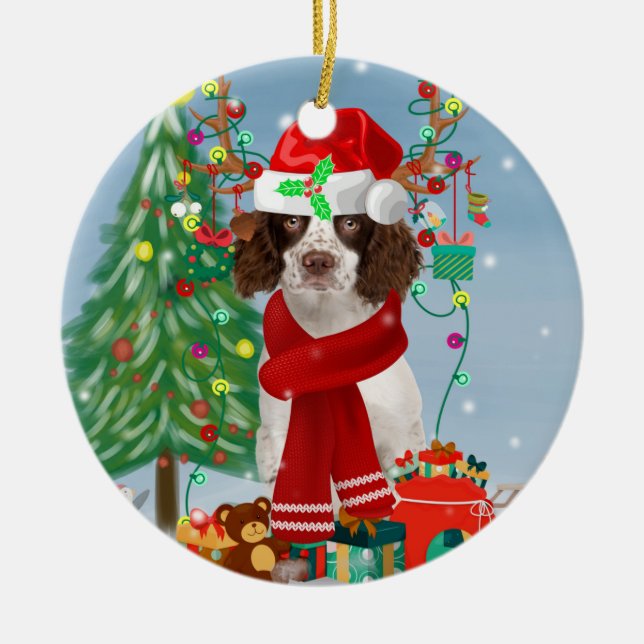 English Springer Spanischer Hund mit Weihnachtsges Keramik Ornament (Vorne)