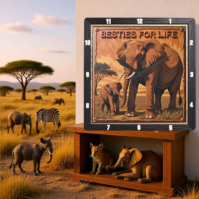 Engraved Elephant Sunset Savannah Quadratische Wanduhr (Von Creator hochgeladen)