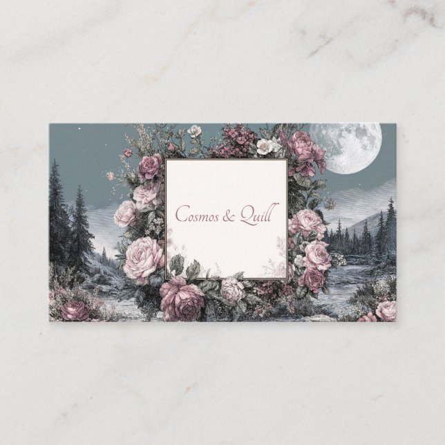 Engraved Rose Floral and Full Moon Night Landscape Visitenkarte (Vorderseite)