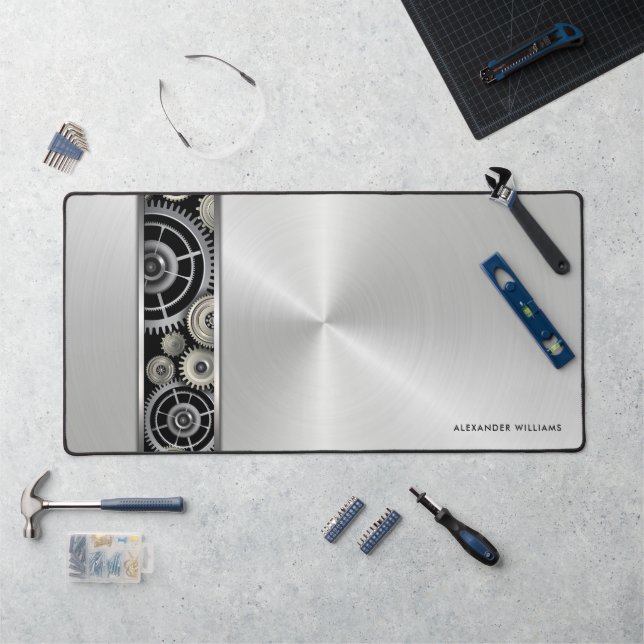 Engrenages exposés sur argent brossé avec votre no (Poste de travail)