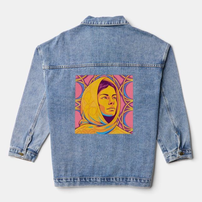 Enigmatic Brazilian Woman in Vibrant Pop Art Jeansjacke (Rückseite)