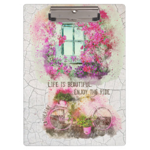 Enjoy The Ride Watercolor Bicycle With Flowers Klemmbrett