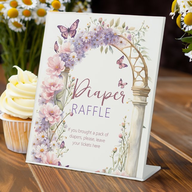 Enkante Schmetterlinge Babydusche Sockelschild (Enchanted garden butterflies baby shower diaper raffle table pedestal sign pastel purple pink sign)