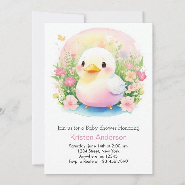 Enkanter Pink Watercolor Duck Girl Babydusche Einladung (Vorderseite)