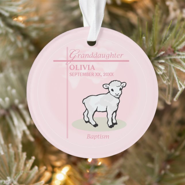 Enkelin Taufe Rosa Girl Lamm Name und Datum Ornament (Baum)