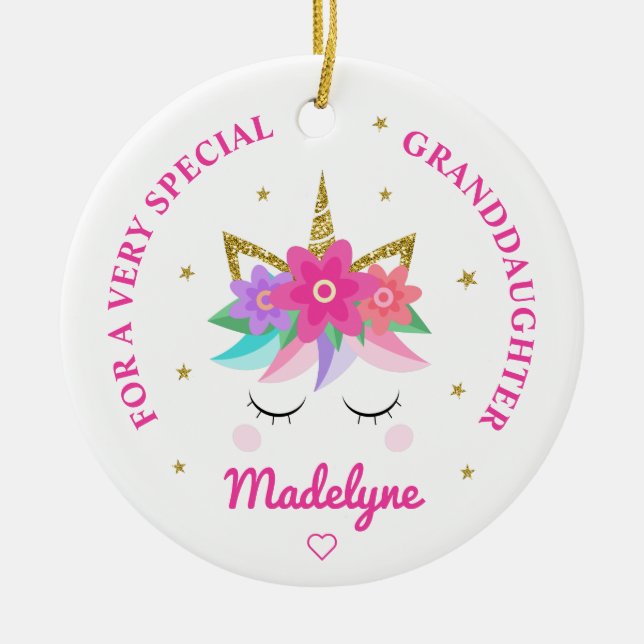 Enkelin Unicorn Rosa Blume Personalisiert Keramik Ornament (Vorne)