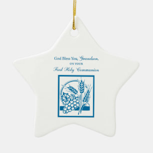 Enkelkind Erste Kommunion Blau, Weizen, Trauben Keramikornament
