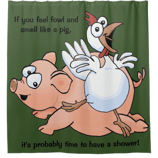 Enormes Cartoonschwein und -huhn auf einem Duschvorhang (Vorderseite)