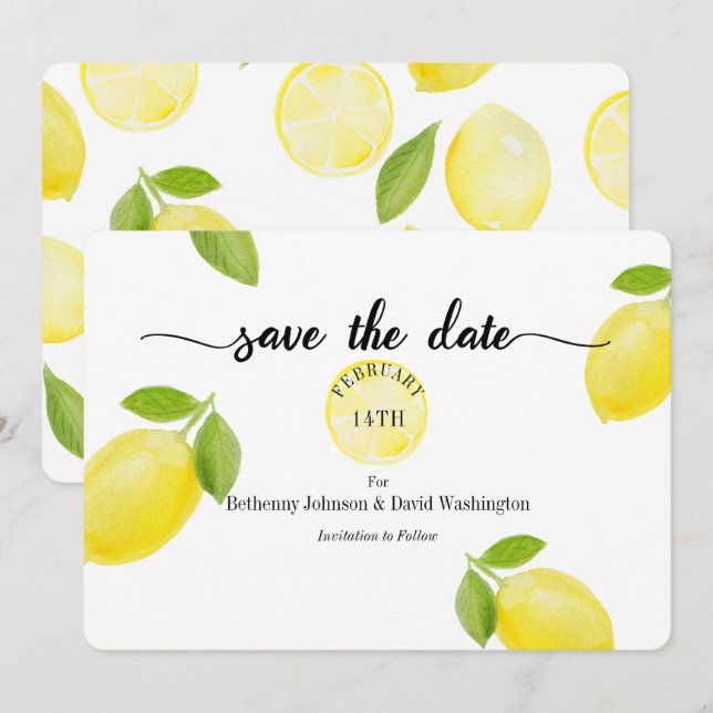 Enregistrer la carte Date Watercolor Lemons (Devant / Derrière)