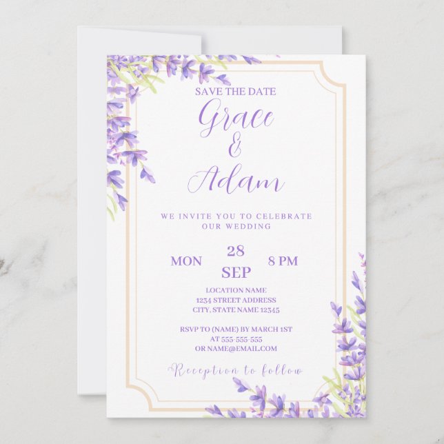 Enregistrer la date faire-part de mariage Lavander (Devant)