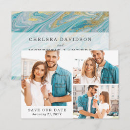 Enregistrer La Date Marbre Turquoise & Or 3 Cartes