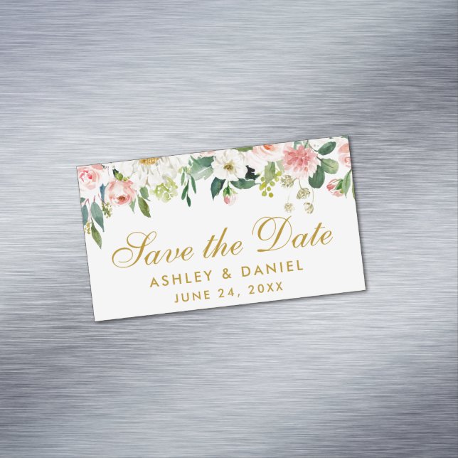 Enregistrer La Date Rose Blanc Floral Mini Magnet (In Situ)