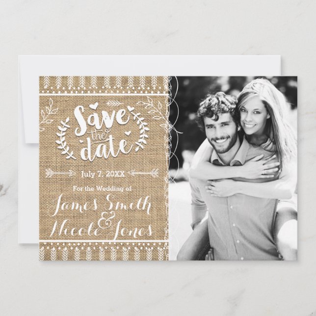 Enregistrer la date Rustic Burlap Photo Invitation (Devant)