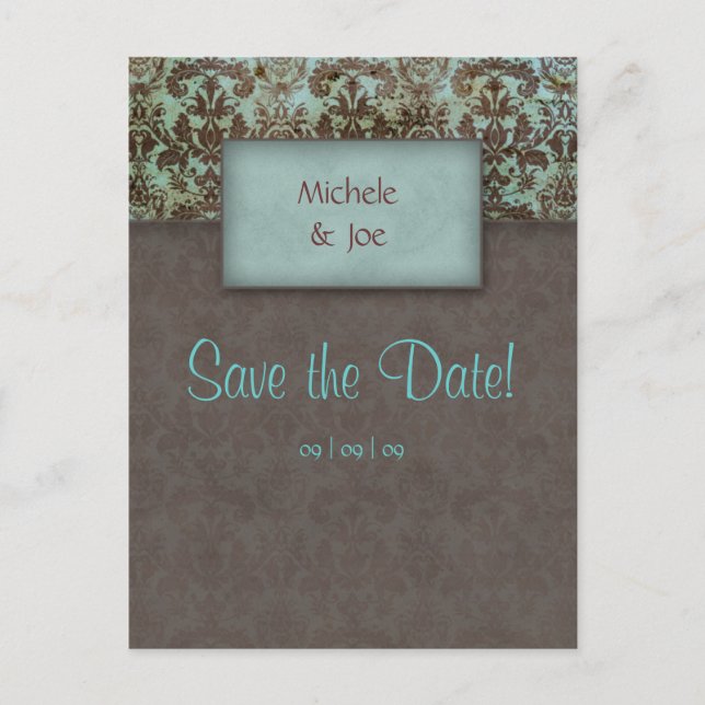 Enregistrer la date Turquoise Brown Damask Carte p (Devant)