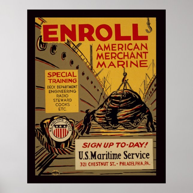 Enroll American Merchant Marine Vintage WPA Poster (Vorne)