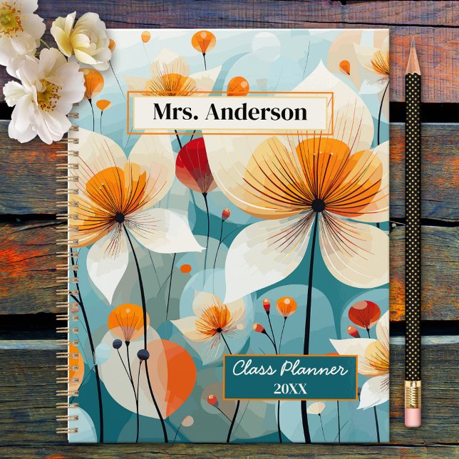 Enseignant Fleur sauvage turquoise Orange (Elegant planner featuring a teal orange wildflower illustration. Beautiful for a teacher or other)